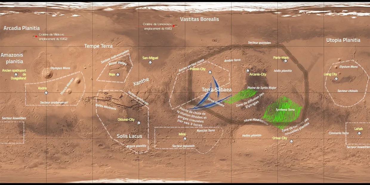 Carte de Mars avec les cités et dômes en 2110